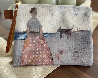 All Purpose Accessory Bag with Woman and Dog Artwork, Zipper Bag for Accessories, Small Canvas Travel Bag