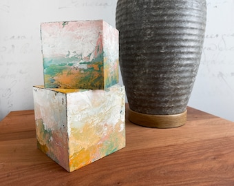 Original Landscape Painting Art Block in Pink and Green, Mini Landscape Painting Sculpture