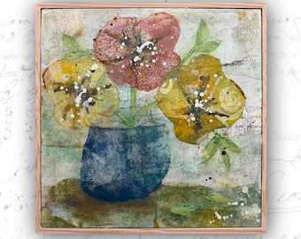 Collage Painting of Flowers in Blue Vase: Original Mixed Media Floral Art (16x16)