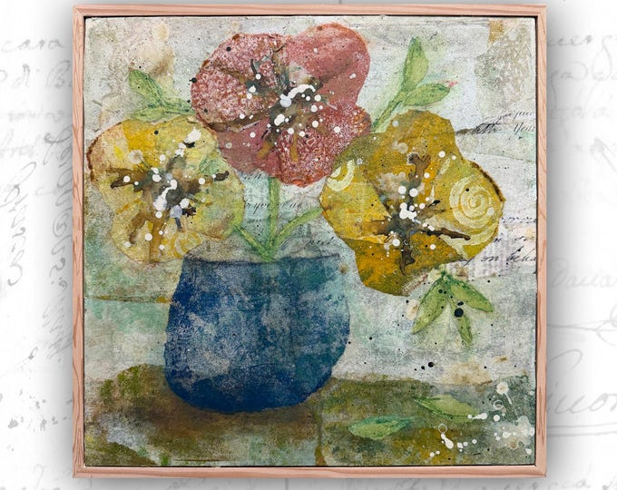 Collage Painting of Flowers in Blue Vase: Original Mixed Media Floral Art (16x16)
