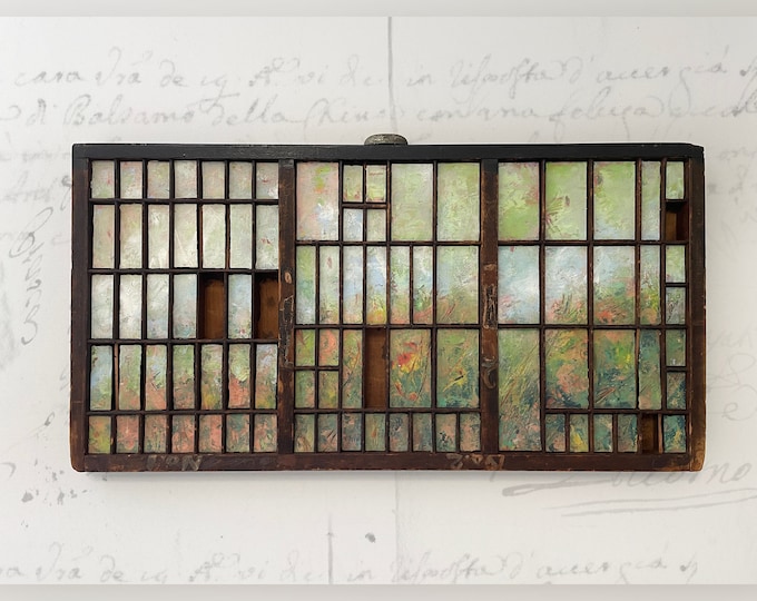 Original Landscape Painting in Antique Printer Tray: Floral Assemblage Art