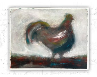 Original Painting of Colorful Rooster, Unframed Painting of Rooster in Cold Wax and Oil