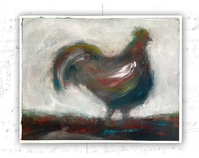 Original Painting of Colorful Rooster, Unframed Painting of Rooster in Cold Wax and Oil