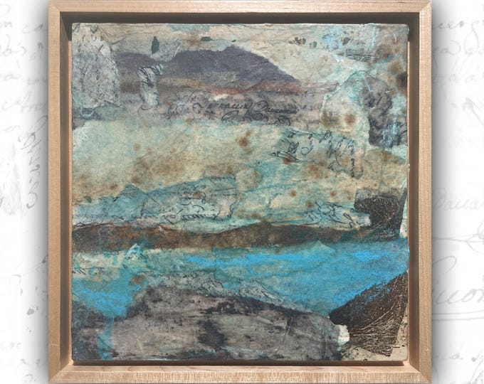 Framed Abstract Collage Landscape Painting: Mixed Media Art (8x8)