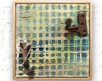 Abstract Painting with Found Objects: Mixed Media Painting (10x10)