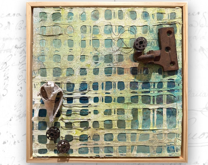Abstract Painting with Found Objects: Mixed Media Painting (10x10)