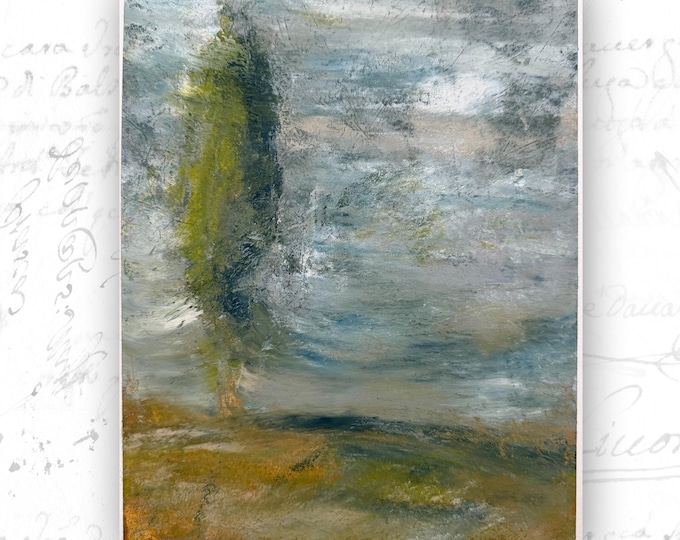 Abstract Landscape Painting with Cypress Pine, Unframed Cold Wax and Oil Landscape (8x10)
