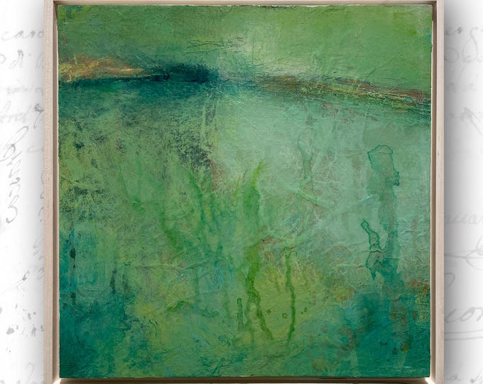 Spring Green Abstract Landscape Painting: Mixed Media Framed Art (12x12)