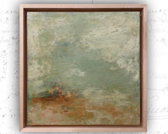Original Landscape Painting with Rust and Blue, Framed Landscape in Cold Wax and Oil, Small Abstract Landscape Painting