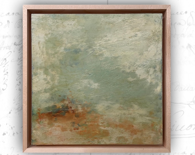 Original Landscape Painting with Rust and Blue, Framed Landscape in Cold Wax and Oil, Small Abstract Landscape Painting