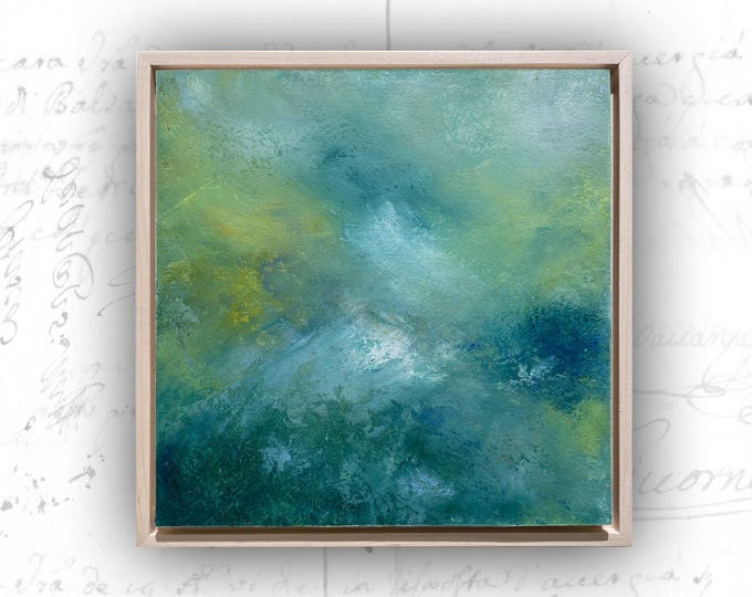 Abstract Cold Wax Oil Painting: Blues & Greens, Framed 10x10