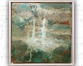 Framed Abstract Collage Landscape Painting: Green Mixed Media Art (10x10)