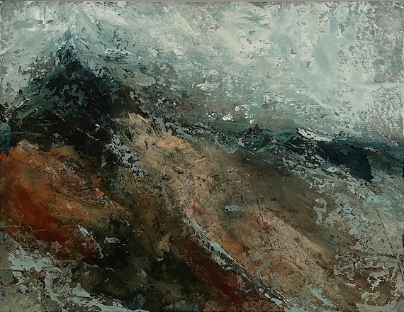 抽象的な山の風景画：コールドワックス＆オイル（14インチ×11インチ