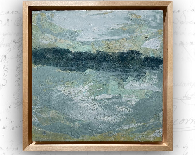 Framed Abstract Painting with Sea and Mountains, Framed Abstract Painting, Cold Wax and Oil Painting, Small Framed Wall Decor