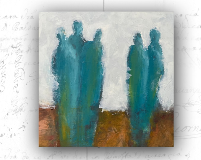 Original Painting of Five Figures, Abstract Figures in Cold Wax and Oil