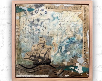 Framed Collage with Ship, Mixed Media Art (8x8)