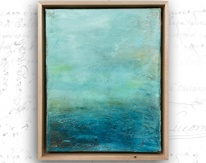 Framed Painting of Ocean Scene, Abstract Seascape in Wood Frame, Cold Wax and Oil Painting of Seaside