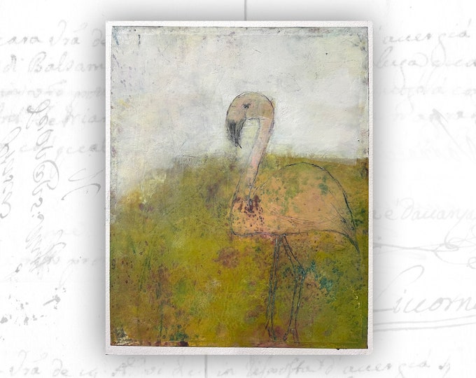 Original Painting of Flamingo, Unframed Painting of Flamingo, Original Cold Wax Landscape