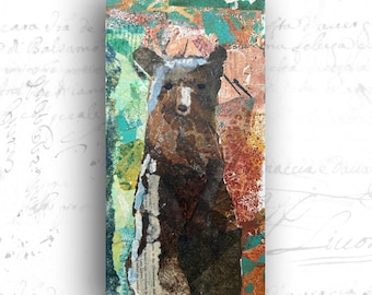 Collage Painting of Brown Bear: Mixed Media Art with Bear (6x12)