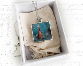 Silver Art Necklace with Female Figure Art Jewelry Necklace, Pendant with Original Art