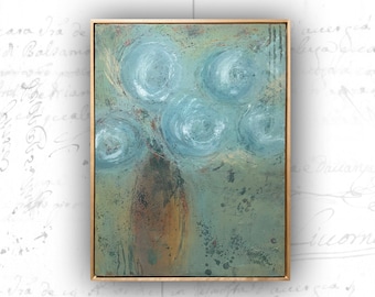 Framed Painting of Blue Flowers in Golden Vase, Cold Wax Painting of Abstract Floral Art