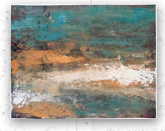 Original Painting Turquoise Rust Cold Wax Oil Landscape (14 x 11)