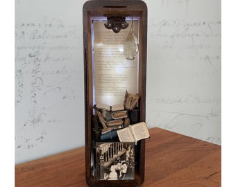 Found Object Assemblage with Robert Louis Stevenson Poem — Assemblage with Book Theme — Booknook Assemblage with Poetry