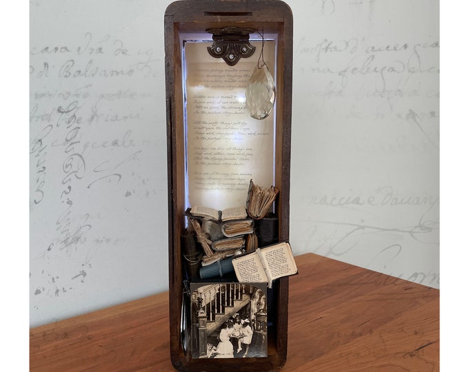 Robert Louis Stevenson Poem Assemblage: Booknook with Miniature Leather Books
