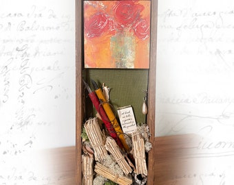 Found Object Assemblage: Flower Painting, Antique Book Proverb, Sewing Machine Drawer