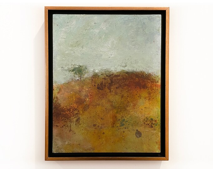 Original Landscape Painting with Tree, Framed Impressionist Landscape in Gold and Green