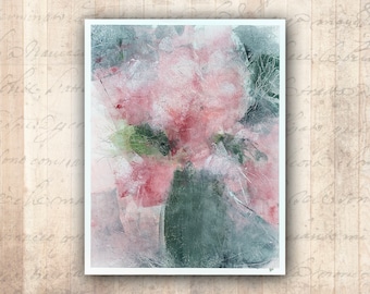 Abstract Floral Painting in Pink and Green — Floral Painting in Cold Wax and Oil