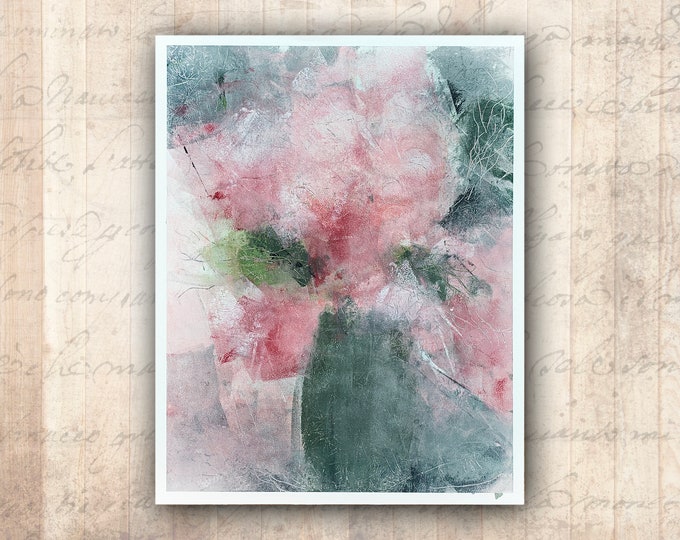 Abstract Floral Painting in Pink and Green — Floral Painting in Cold Wax and Oil