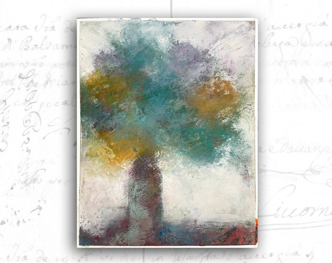 Original Painting of Teal and Gold Flowers, Cold Wax Painting of Flowers, Unframed Cold Wax Painting