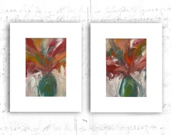 Abstract Floral Painting Set in Warm Colors, Small Unframed Floral Paintings, Cold Wax and Oil Floral Art