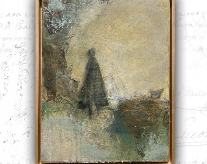 Framed Abstract Painting with Woman and Dog: Mixed Media Art (11x14)