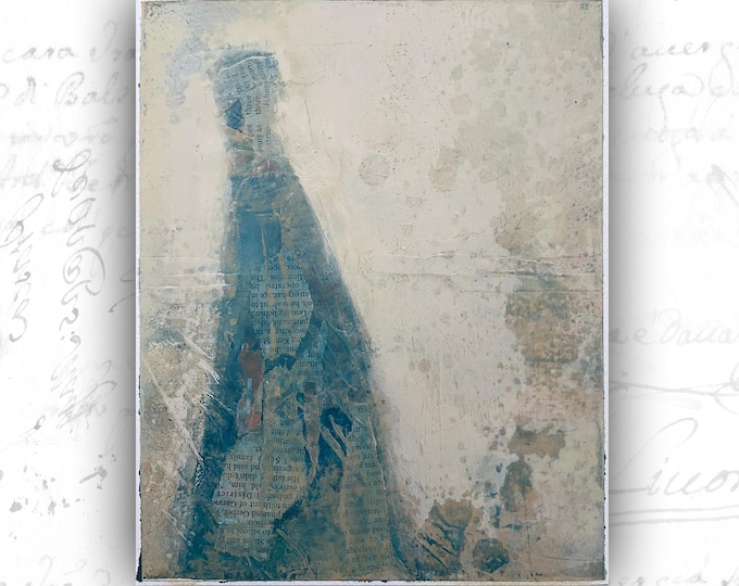 Abstract Collage Painting of Women in Blue, Unframed Original Paintings, Cold Wax and Oil Figure Painting