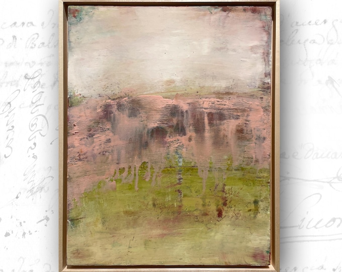 Framed Abstract Landscape Painting: Pink and Green Cold Wax Art