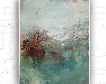 Abstract Landscape Painting with Rust Highlights, Unframed Original Paintings, Cold Wax and Oil Landscape