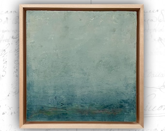 Original Painting of Abstract Blue Landscape, Framed Landscape in Cold Wax and Oil, Small Abstract Landscape Painting