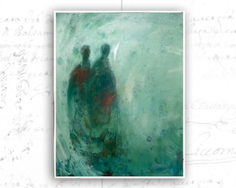 Abstract Painting of Two Figures, Unframed Figure Painting in Cold Wax and Oil