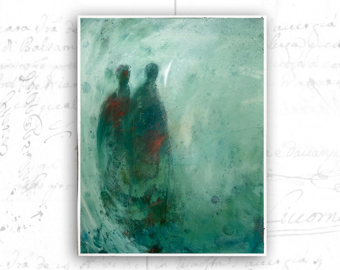 Abstract Painting of Two Figures, Unframed Figure Painting in Cold Wax and Oil