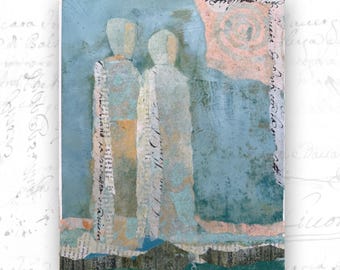 Collaged Figures Painting, Mixed Media Sunlight Art (8x10 Unframed)