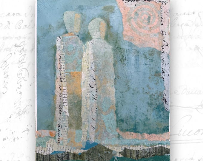 Collaged Figures Painting, Mixed Media Sunlight Art (8x10 Unframed)