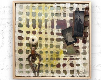 Abstract Painting with Found Objects and Tin Types: Mixed Media Painting (10x10)