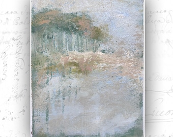 Pine Trees Lake Landscape Painting, Cold Wax & Oil (8x10 Unframed Original Art)