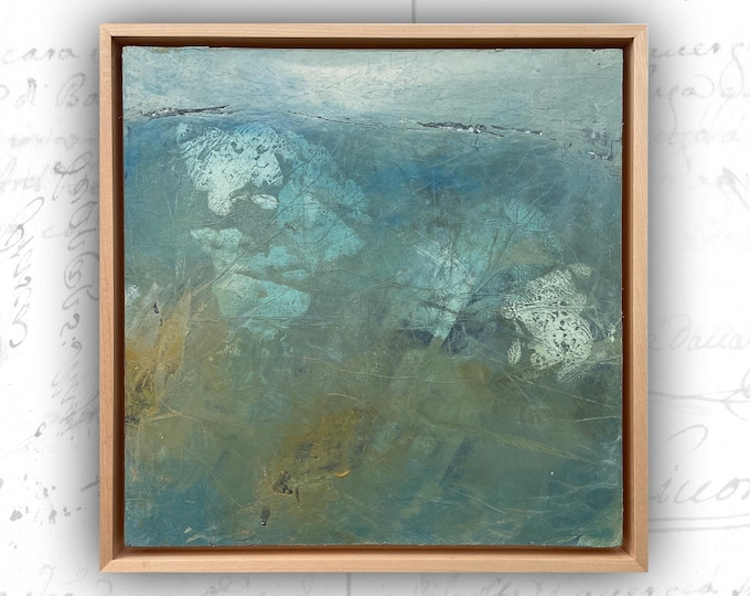Abstract Collage Painting of Ocean View, Cold Wax and Oil Painting, Framed Abstract Painting