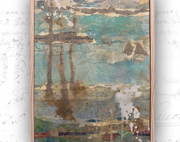 Framed Abstract Landscape Collage with Lake Scene: Mixed Media Art (11x14)