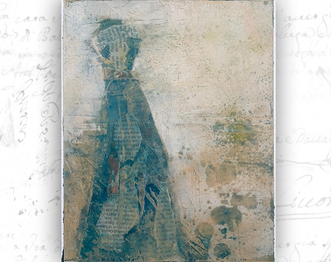 Abstract Collage Painting of Women in Blue, Unframed Original Paintings, Cold Wax and Oil Figure Painting