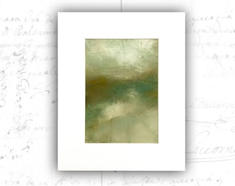 Unframed Abstract of Green and Gold Landscape, Cold Wax and Oil Landscape on Paper