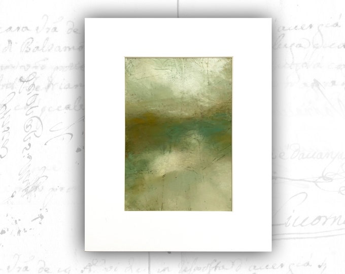 Unframed Abstract of Green and Gold Landscape, Cold Wax and Oil Landscape on Paper